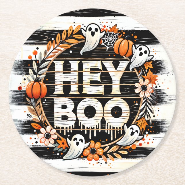 Hey Boo Cute Ghost Themed Halloween Party Favour Round Paper Coaster (Front)