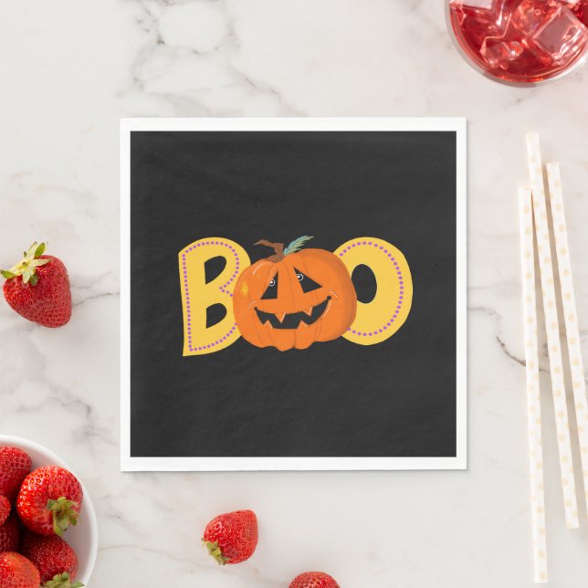 Hey Boo Cute Pumpkin Typography Drawing Art Napkin (Insitu)