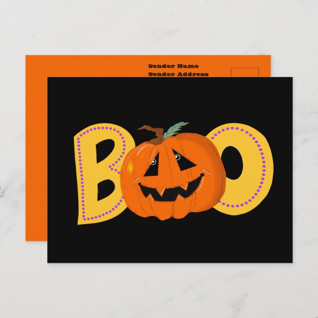Hey Boo Cute Pumpkin Typography Drawing Art Postcard (Front/Back)