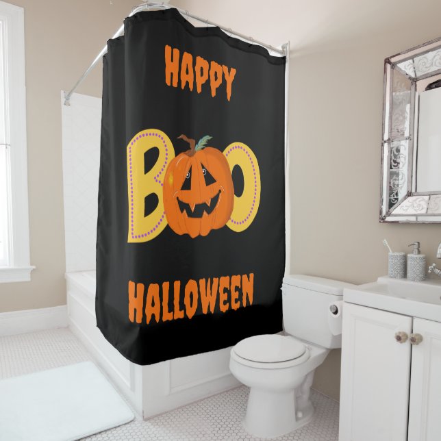 Hey Boo Cute Pumpkin Typography Drawing Art Shower Curtain (In Situ)