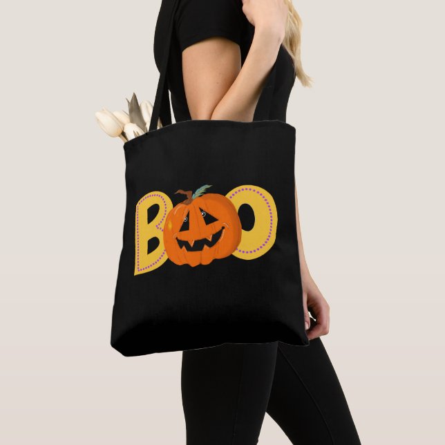 Hey Boo Cute Pumpkin Typography Drawing Art Tote Bag (Close Up)