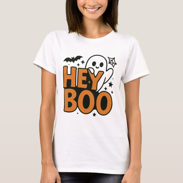 Hey Boo | Funny Orange & Black Ghost Women’s Hallo T-Shirt (Front)