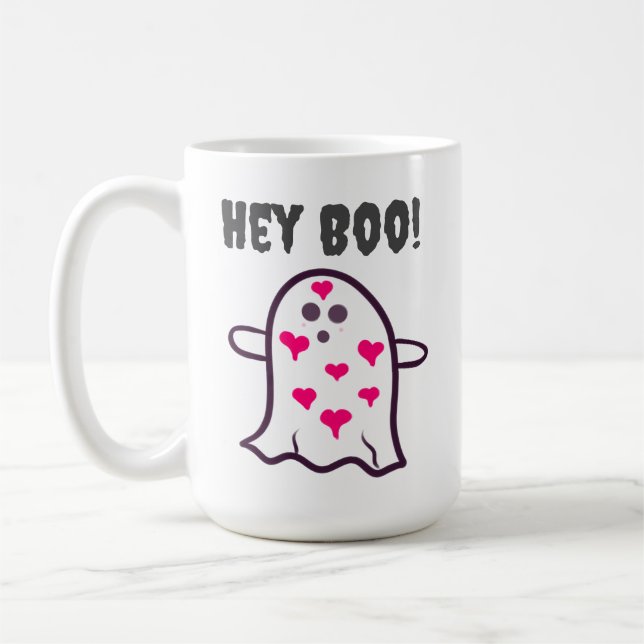 Hey Boo! Ghost Covered in Hearts Coffee Mug (Left)