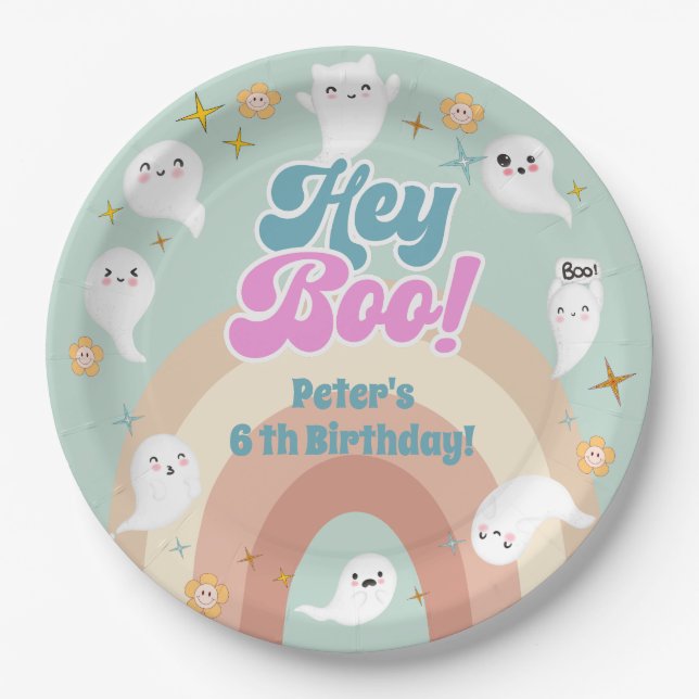 Hey boo goovy halloween retro kids birthday paper plate (Front)