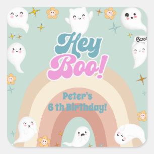 Hey boo goovy halloween retro kids birthday square sticker