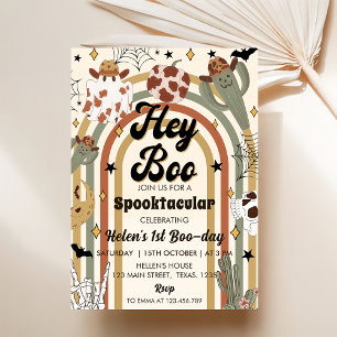 Hey Boo! Groovy Cactus Halloween 1st Birthday Invitation