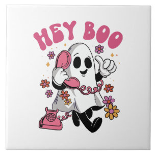 Hey Boo - Groovy Ghost Halloween Ceramic Tile