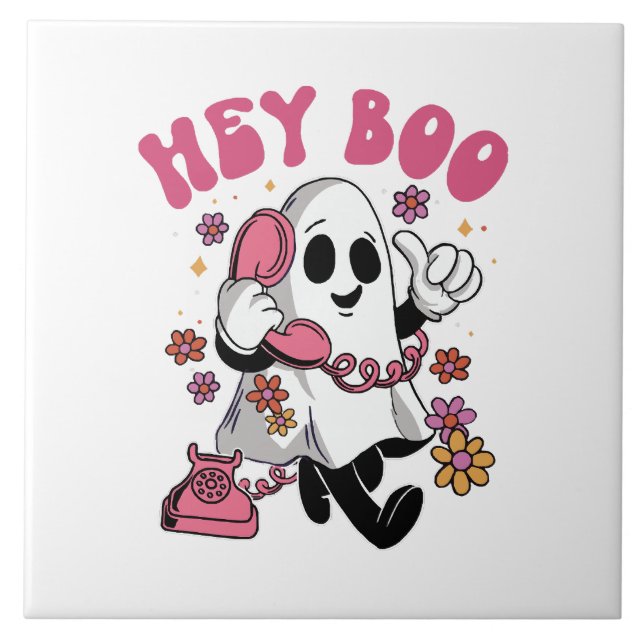 Hey Boo - Groovy Ghost Halloween Ceramic Tile (Front)