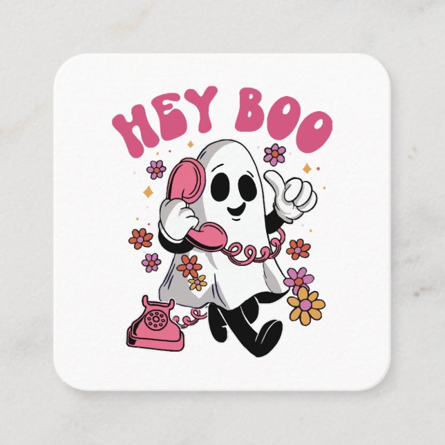 Hey Boo - Groovy Ghost Halloween Square Business Card (Front)