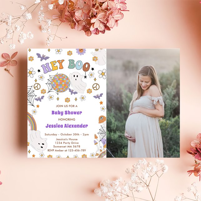 Hey Boo Groovy Halloween Baby Shower Photo  Invitation (Creator Uploaded)
