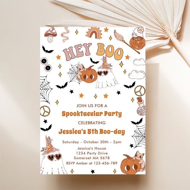 Hey Boo Groovy Halloween Cute Ghost 5th Birthday Invitation (Creator Uploaded)