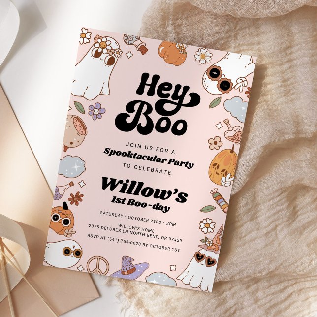 Hey Boo Groovy Halloween Ghost Birthday Invitation (Creator Uploaded)