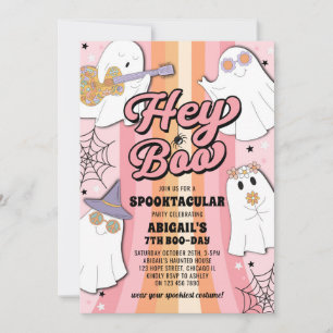 Hey Boo Groovy Retro Pink Halloween Girl Birthday Invitation