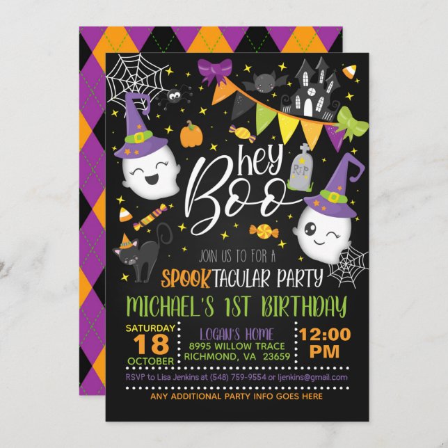 Hey Boo Halloween Birthday Invitation - Blk (Front/Back)