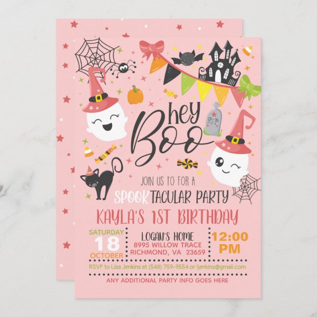 Hey Boo Halloween Birthday Invitation - Pink (Front/Back)