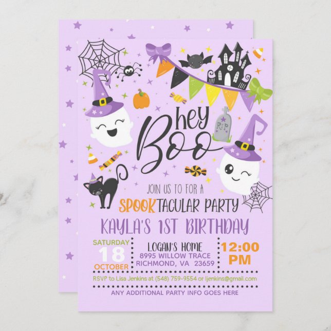 Hey Boo Halloween Birthday Invitation - Purple (Front/Back)