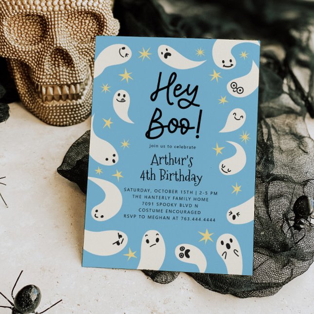 Hey Boo Halloween Blue Ghost Birthday Invitation (Creator Uploaded)