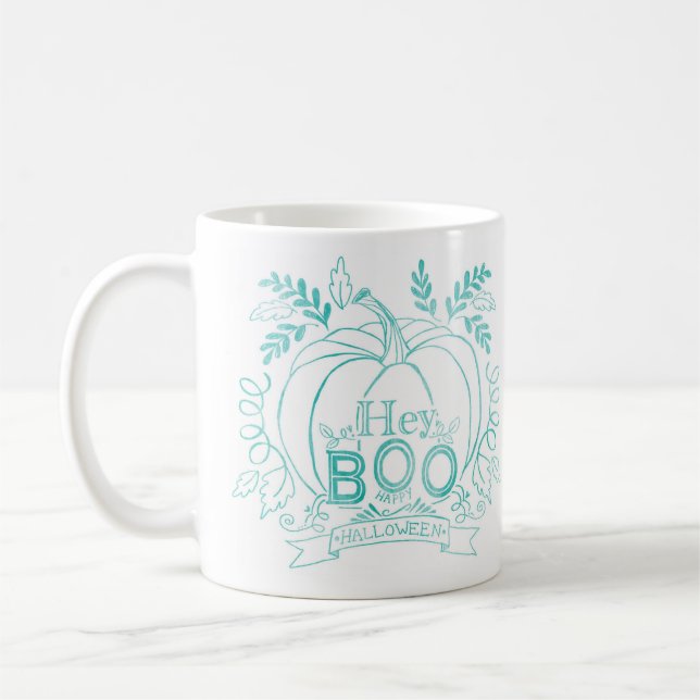 Hey BOO, Halloween Collection Teal Coffee Mug (Left)