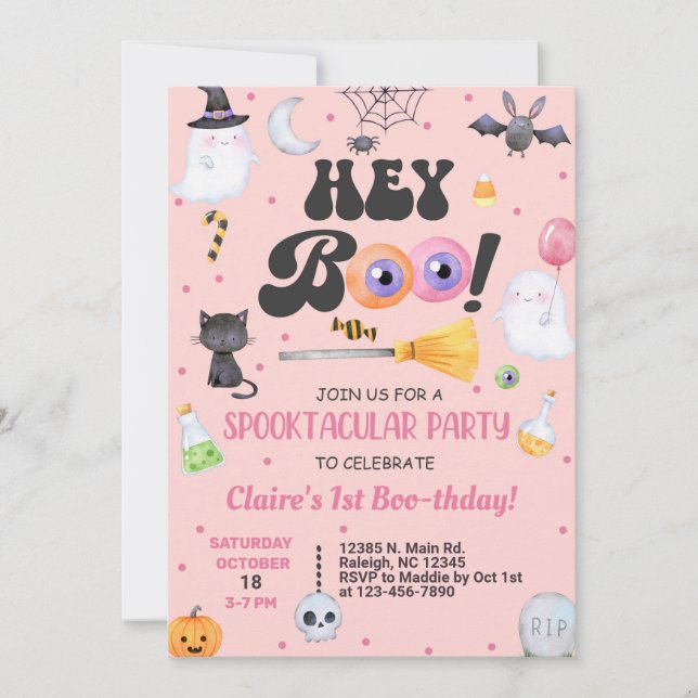 Hey Boo Halloween girl 1st birthday invite any age (Front)
