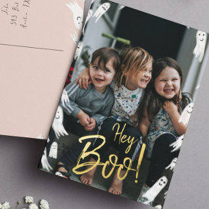 Hey Boo! Halloween Gold Lettering Photo Foil Holiday Postcard