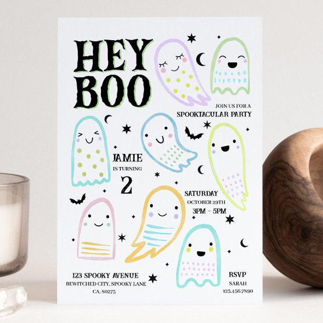Hey Boo Halloween Pastel Ghost Birthday Invitation (Creator Uploaded)