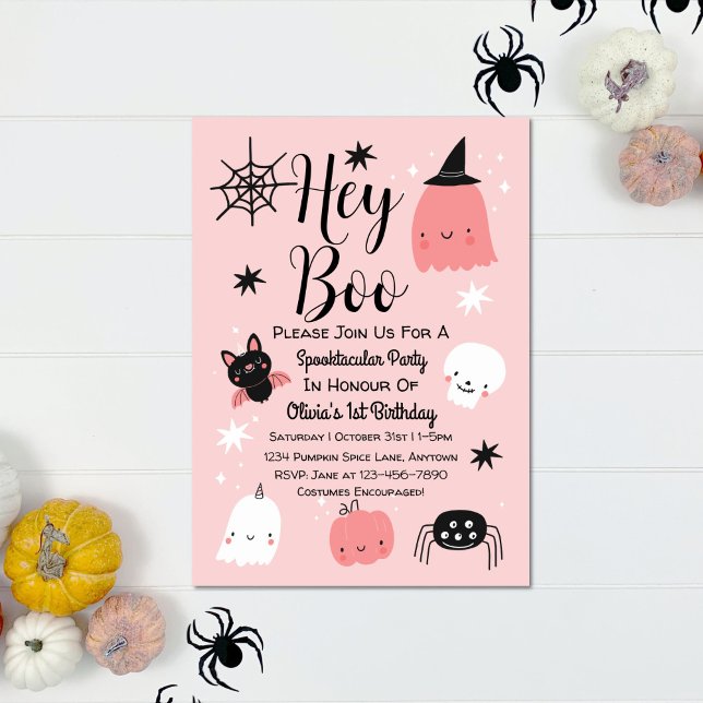 Hey Boo Halloween Pink Ghost 1st Birthday Invitation (Creator Uploaded)