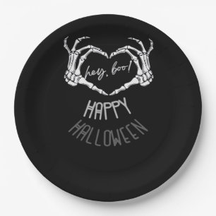 Hey, Boo! Happy Halloween Skeleton Hand Heart Clas Paper Plate