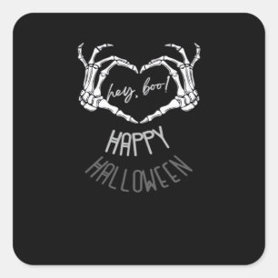 Hey, Boo! Happy Halloween Skeleton Hand Heart Clas Square Sticker
