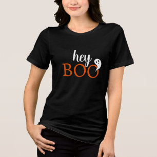 Hey Boo Orange Black Funny Halloween Ghost Womens Tri-Blend Shirt