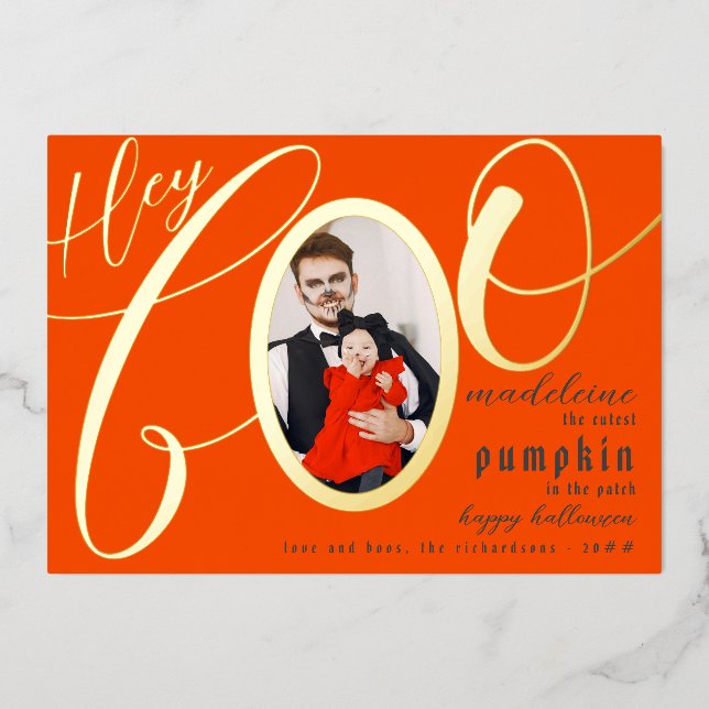 Hey Boo Orange Halloween Gold Lettering Baby Photo Foil Holiday Card (Front)
