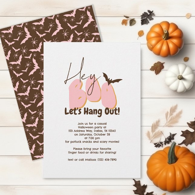 Hey Boo Pink Bats Spiders Casual Halloween Party Invitation (Creator Uploaded)