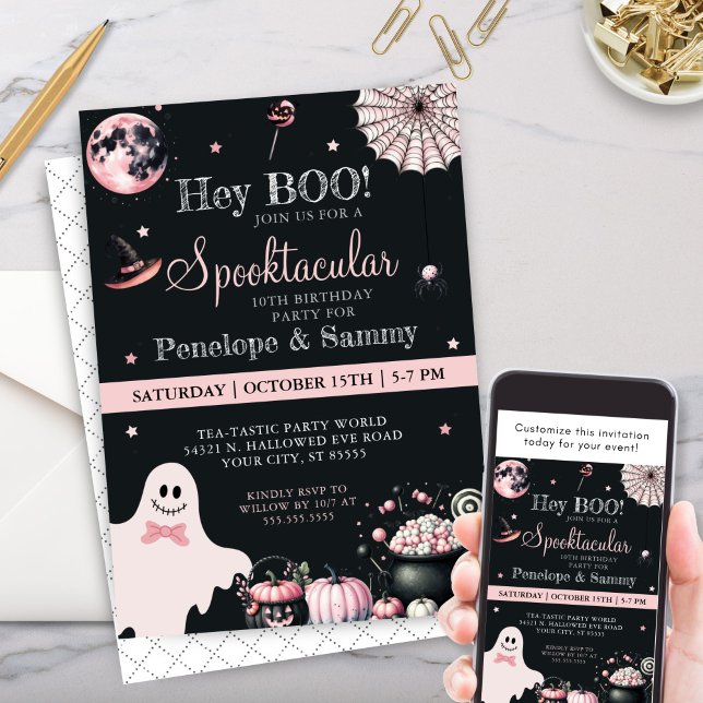 Hey Boo Pink Black Girls Halloween Birthday Party Invitation (Cute black and pink halloween birthday party invitation for girls her double birthday party invites)