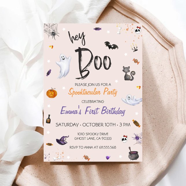 Hey Boo Pink Ghost Halloween Birthday Invitation (Creator Uploaded)