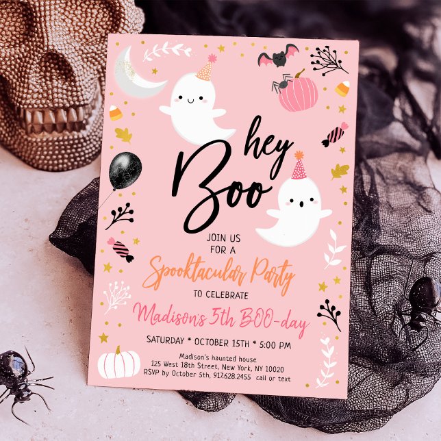 Hey Boo Pink Ghost Halloween Birthday Invitation (Creator Uploaded)