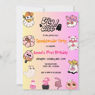 Hey Boo Pink Ghost Halloween Birthday Invitation