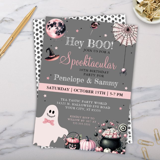 Hey Boo Pink Grey Girly Halloween Birthday Party Invitation (Spooktacular Halloween Birthday Party Costume Trick or Treat any Party Invitations for Girls)