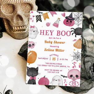 Hey Boo! Pink Halloween Baby Shower Invitation