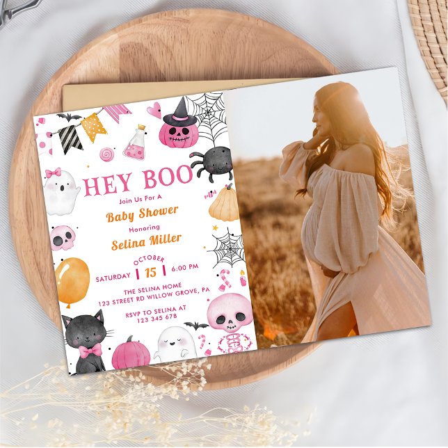 Hey Boo! Pink Halloween Baby Shower Photo Invitation (Creator Uploaded)