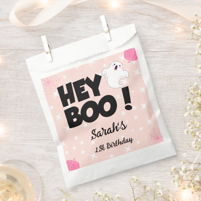 Hey Boo Pink Halloween Ghost Birthday party Favour Bag (Clipped)