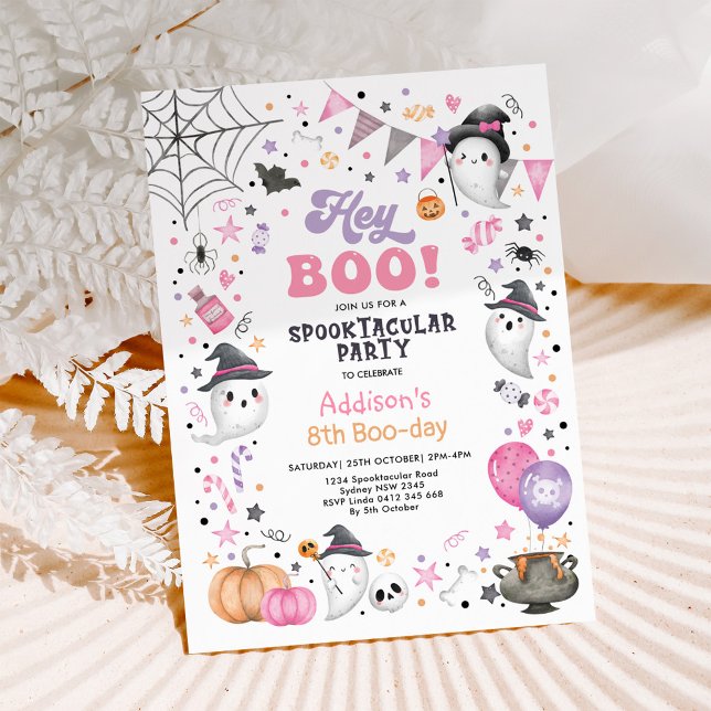 Hey Boo! Pink Lilac Halloween Ghost Girl Birthday Invitation (Creator Uploaded)