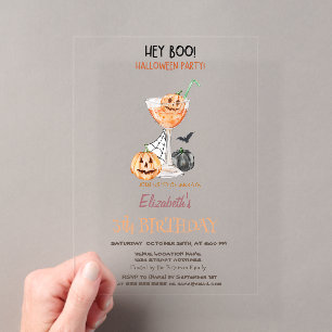 Hey Boo Pumpkin Cocktail Halloween Birthday Acrylic Invitations