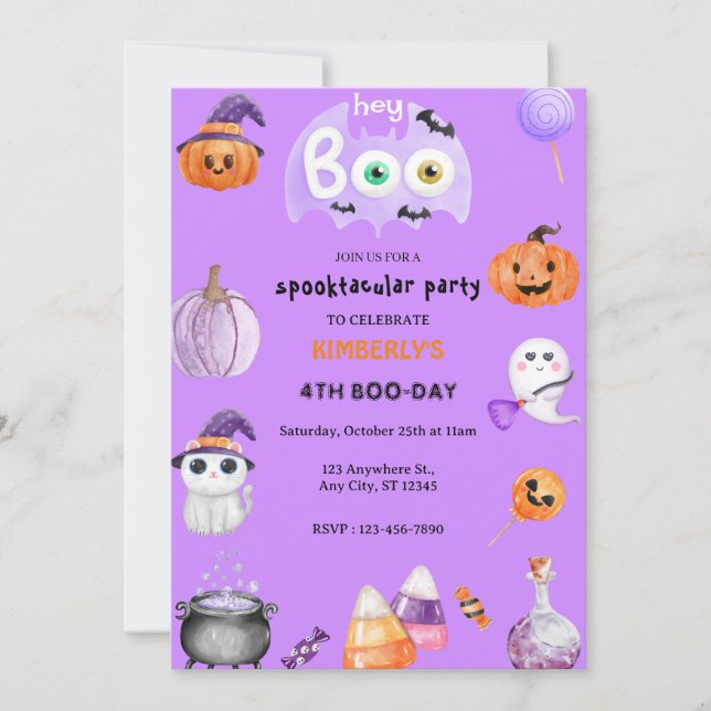 Hey Boo! Purple Halloween Ghost Kids Birthday  Invitation (Front)