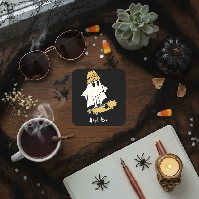 Hey, Boo! Skateboard Ghost   Square Sticker (Hey, Boo! Skateboard Ghost Square Sticker)