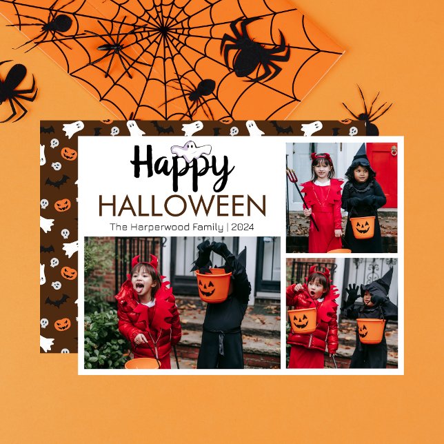 Hey Boo Spooky Halloween Family 3 Photo Holiday Card (Creator Uploaded)