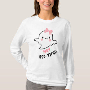 Hey Boo-tiful! Cute Ghost With Pink Bow Halloween T-Shirt