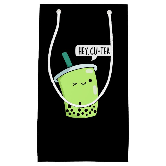 Hey Cu-Tea Funny Boba Tea Pun Dark BG Small Gift Bag (Front)