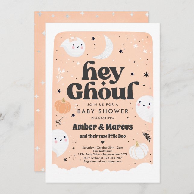 Hey Ghoul Peach Girl Ghost Baby Shower Invitation (Front/Back)