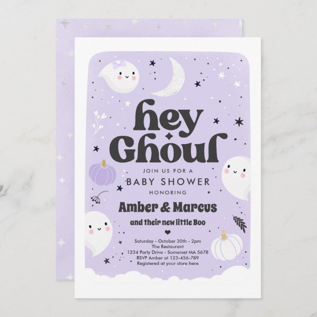 Hey Ghoul Purple Girl Ghost Baby Shower Invitation (Front/Back)