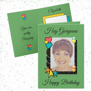 Hey gorgeous hearts stars photo green birthday card