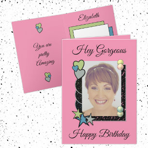 Hey gorgeous hearts stars photo pink birthday card